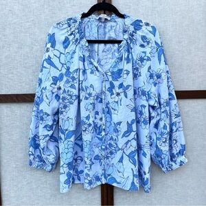 Casa Cabana Linen Front Button Floral Blue Women's Blouse Top - XXL